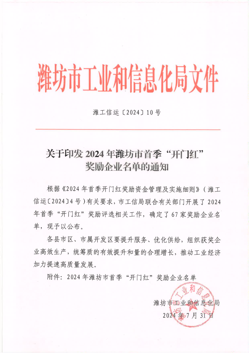 喜报丨东晓生物荣获 2024 年潍坊市首季“开门红”奖励