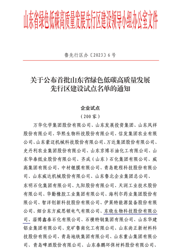 喜报！东晓生物成功入选山东省绿色低碳高质量发展先行区建设企业试点！(图1)